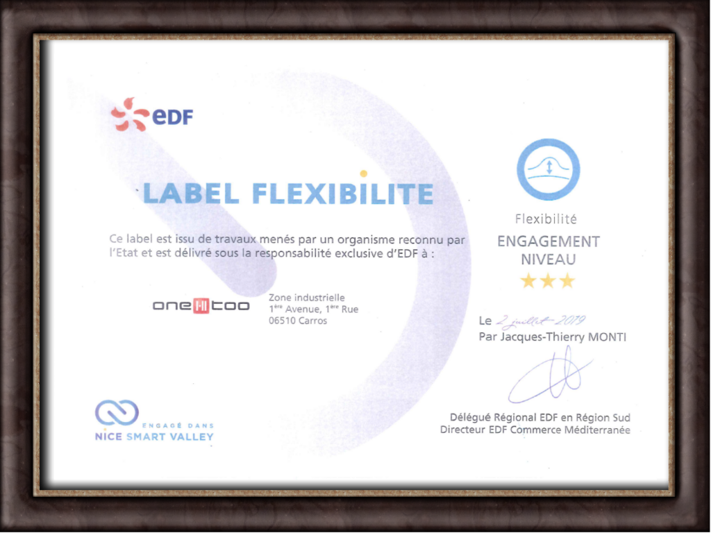 Label Flexibilité attribué à One-Too. Délivré sous la responsabilité de EDF. Engagé dans Nice Smart Valley.